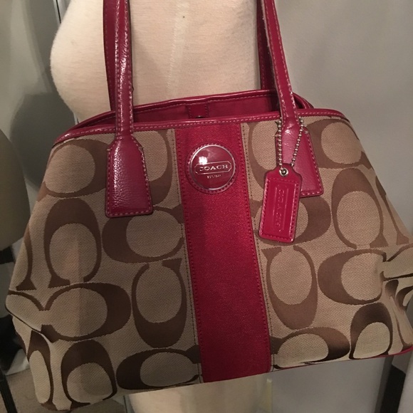 Coach Signature Canvas Satchel Bag Beige Brown Red Purse Handbag - Picture 1 of 7